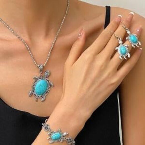 Elegant Bohemian Turtle Turquoise Earrings, Bracelet & Necklace Set - 3 Items - Picture 1 of 5